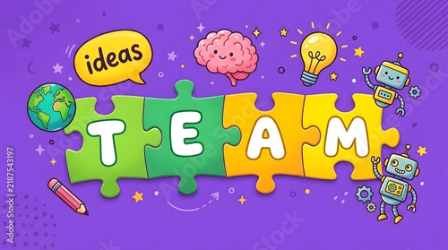 Colorful jigsaw puzzle pieces spell out the word team surrounded by creative icons representing collaboration and innovative thinking concepts