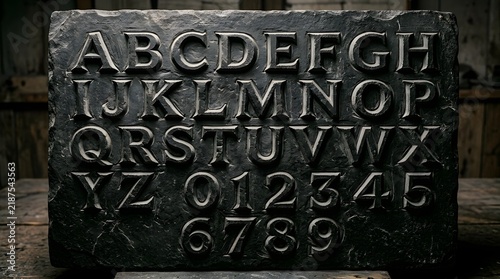 A collection of antique printing press type blocks showcasing every letter of the alphabet and all numbers in a beautifully weathered and artistic display