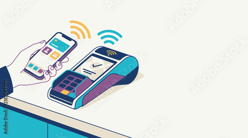 Person using mobile and card reader for contactless payment transaction.