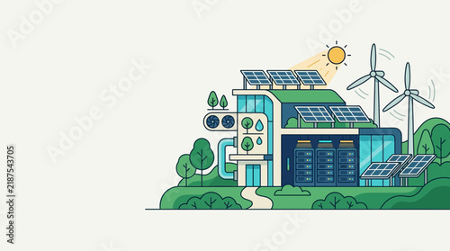 Illustrated eco-friendly home with renewable energy sources and sustainability icons.