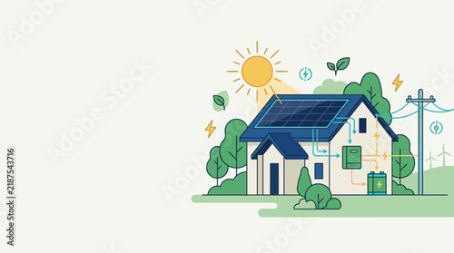 Illustrated modern house with solar panels under sunny sky.