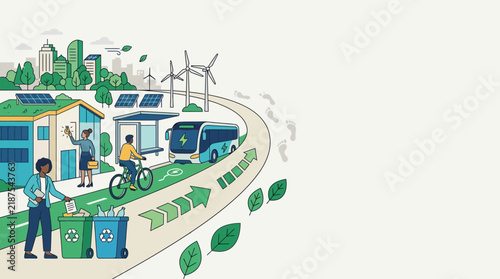 Illustrated scene of modern sustainable urban transportation and recycling efforts.