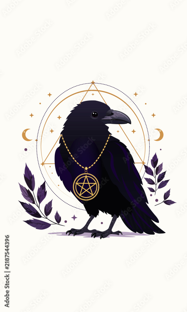 Obraz premium Black Raven with Pentagram мedallion