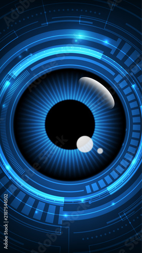 Futuristic cyber digital eye vector illustration on dark blue background with glowing light, vertical format, AI vision, iris scan, biometric cybersecurity, facial recognition technology concept