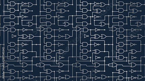 Digital Logic Circuitry Blueprint: An intricate blueprint displays a complex arrangement of digital logic gates, symbolizing the foundation of modern computing and electronics.