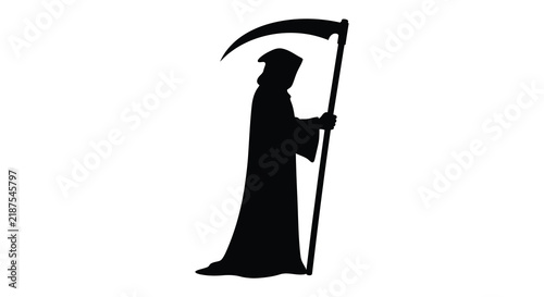 Fotografie Grim reaper silhouette stands with scythe against a white background