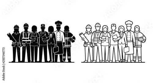 Canvas Print Silhouettes of diverse professionals depict various occupations in a linear styl
