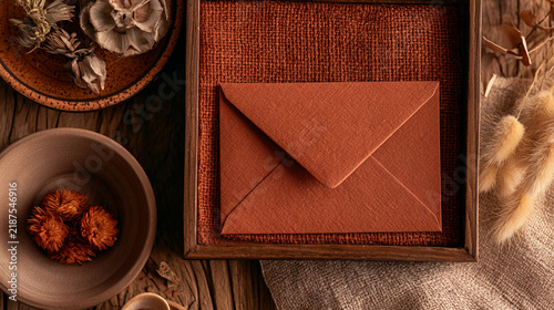 Burnt orange envelope in rustic wooden frame with dried flowers