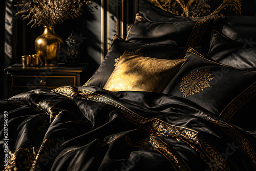 A luxurious, dark bedroom setting featuring a richly textured black and gold bed with ornate pillows.