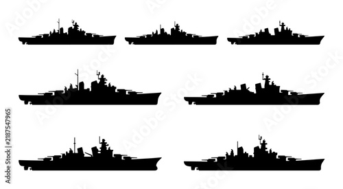 Foto Set of 7 Black Silhouette Battleship Icons, Naval Warship Vector Graphics, Milit