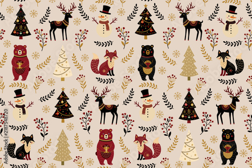 Seamless Christmas-themed pattern of woodland animals, including bears, foxes, reindeer, and snowmen, mixed with decorated Christmas trees, snowflakes, berries, stars, and botanical branches.