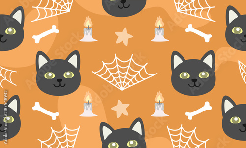 Cute Black Cat Halloween Seamless Pattern with Spider Webs Candles and Bones 