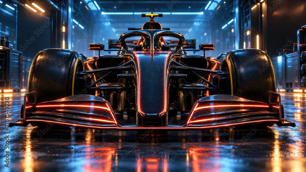 Obraz premium Futuristic race car in high tech garage with neon lighting