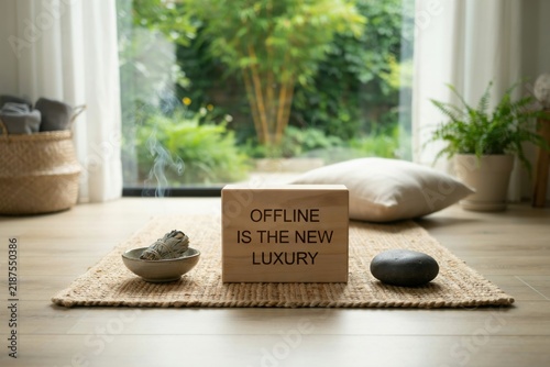 A peaceful meditation space with a wooden block sign reading offline is the new luxury