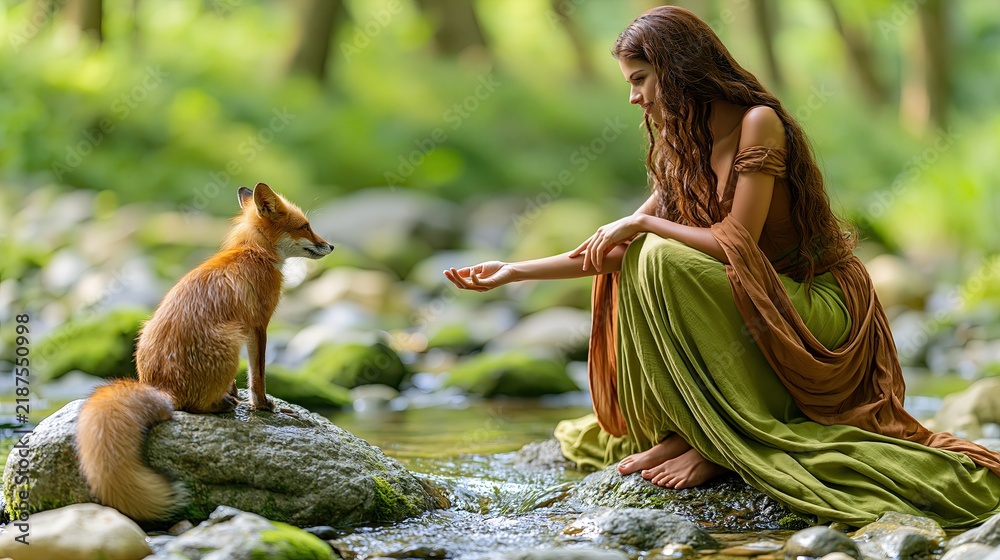 Obraz premium Beautiful Forest Nymph in Green Dress Interacting with a Wild Red Fox by a River