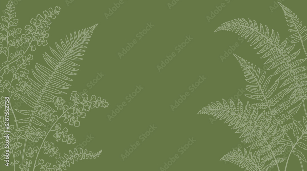 Obraz premium Elegant fern leaf foliage border illustration on sage green background providing natural botanical frame for wedding invitations or organic product packaging designs in flat vector art style