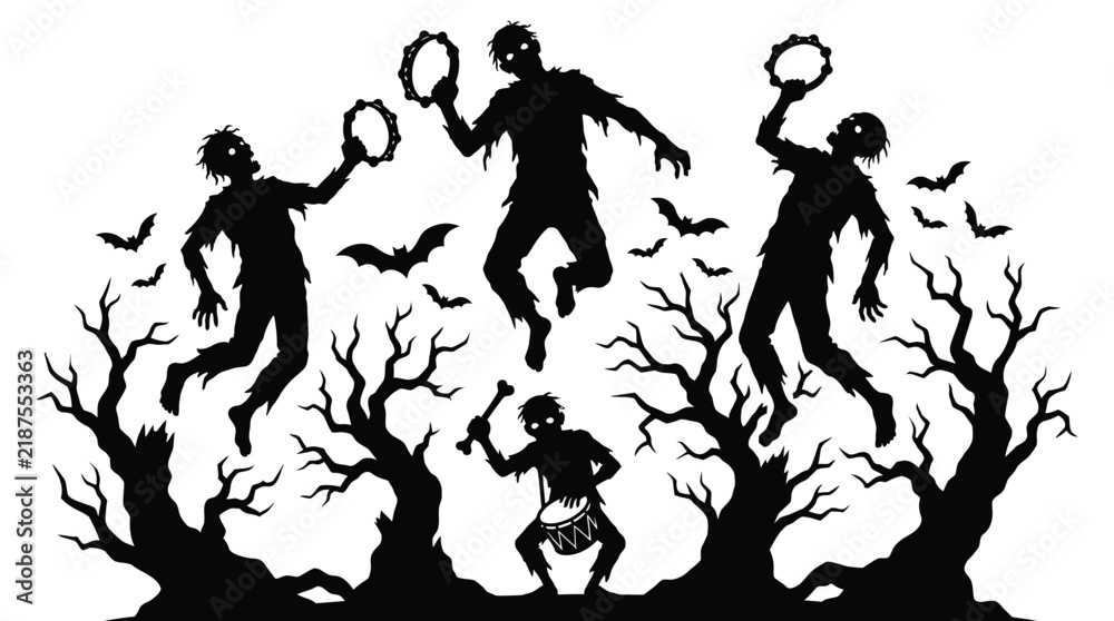 Obraz premium Spooky zombie band playing musical instruments as a festive vector graphic illustration for halloween holiday design