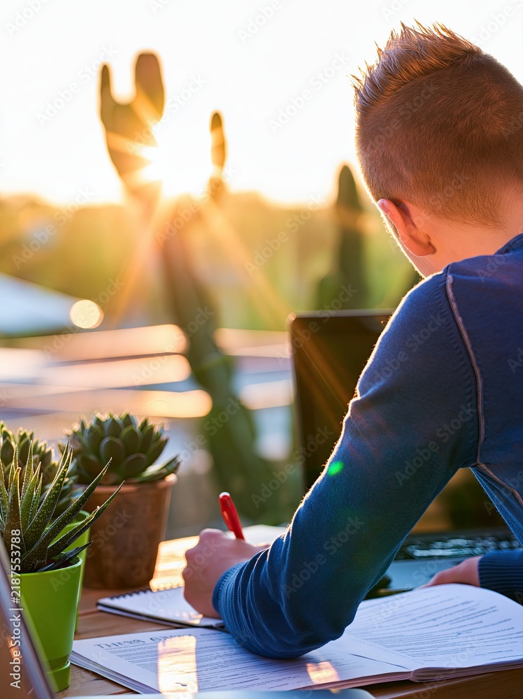 Fototapeta premium Young Male Student Writing Thesis Paper at Desk During Golden Hour Sunset