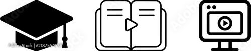 Education and online learning icon set featuring a graduation cap, e-book, and video lecture