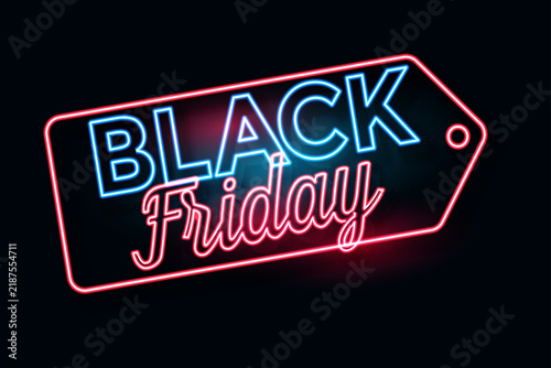 Neon Black Friday Sale Typography Banner with Glowing Red and Blue Lettering