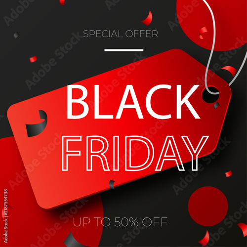 Minimal Black Friday Sale Banner with Red Abstract Background and Special Offer
