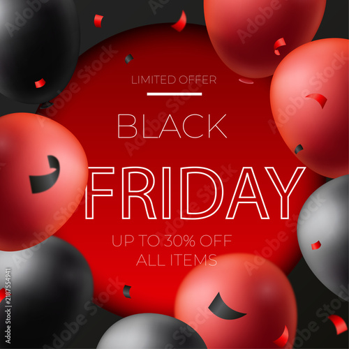 Black Friday Sale Banner with Red 3D Spheres and Up to 30 Percent Off Discount