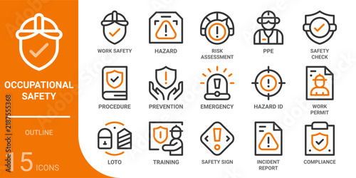 occupational safety and health outline icon collection for web, app, UI, UX, dashboard, presentation and infographic and print design