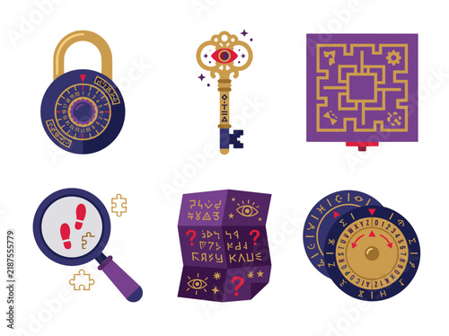 Mystery escape room icons set for detective games