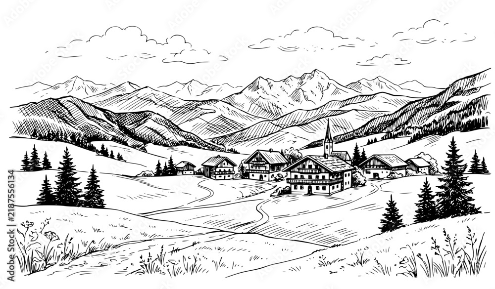 Fototapeta premium Trins Tyrol Austria Alpine Mountain Village Landscape Sketch Vector