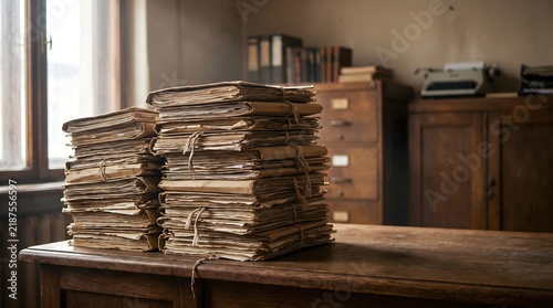 Tall stacks of old dusty paper files tied with string on a vintage wooden desk in a retro archive room
