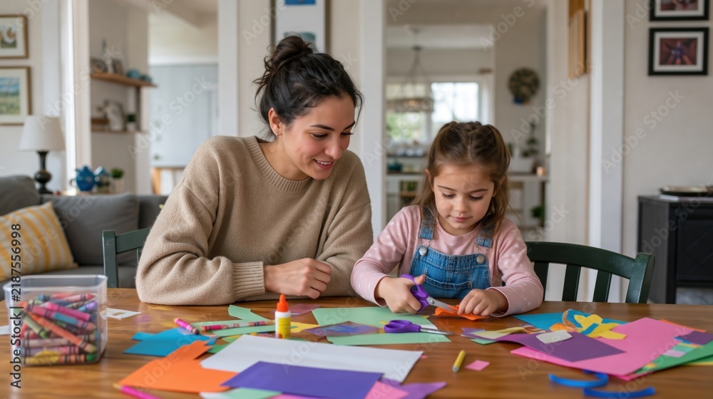 Obraz premium Happy Mother and Daughter Doing Arts and Crafts Together at Home