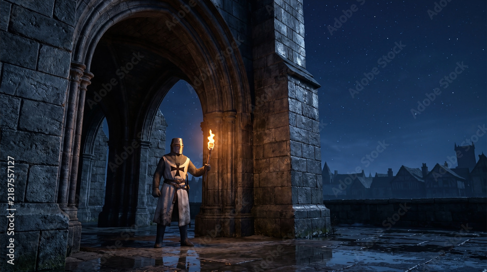 Fototapeta premium Templar Knight Wearing a Crusader Armor Holding a Glowing Torch Under an Ancient Stone Arch at Night