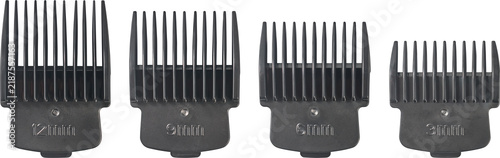 black hair clipper guards isolated white background, plastic trimmer attachments in different sizes from three to twelve millimeters