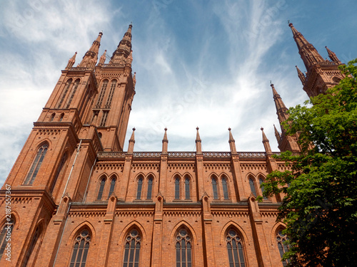 Low-angle view of Marktkirche towers in Wiesbaden, Germany