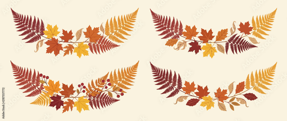 Fototapeta premium Set of four autumn harvest wreath dividers featuring intricate maple leaves ferns and berries in warm fall tones for seasonal Thanksgiving or harvest festival invitation card header designs