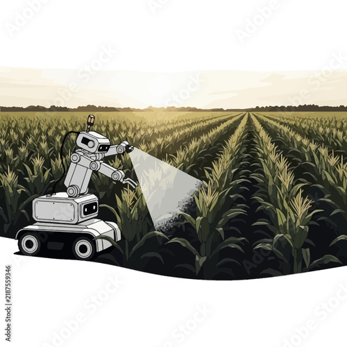Smart Agricultural Robot Inspecting Corn Field Vector Illustration
