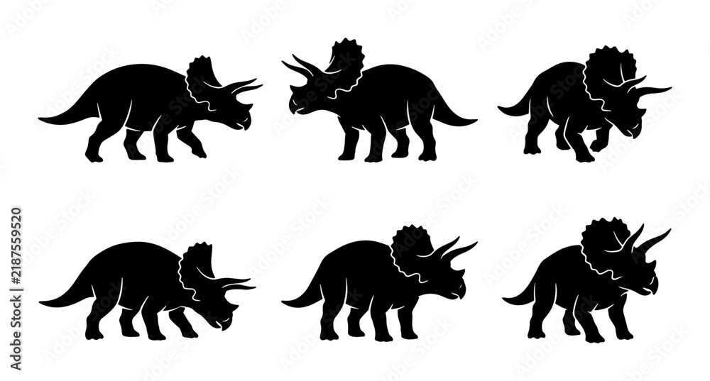 Obraz premium Triceratops Dinosaur Silhouettes, Prehistoric Reptile Icons, Ancient Creature Vector Set, Paleontology Graphics