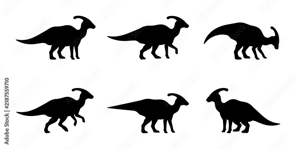 Obraz premium Parasaurolophus Dinosaur Silhouettes, Prehistoric Reptile Icons, Ancient Creature Vector Set