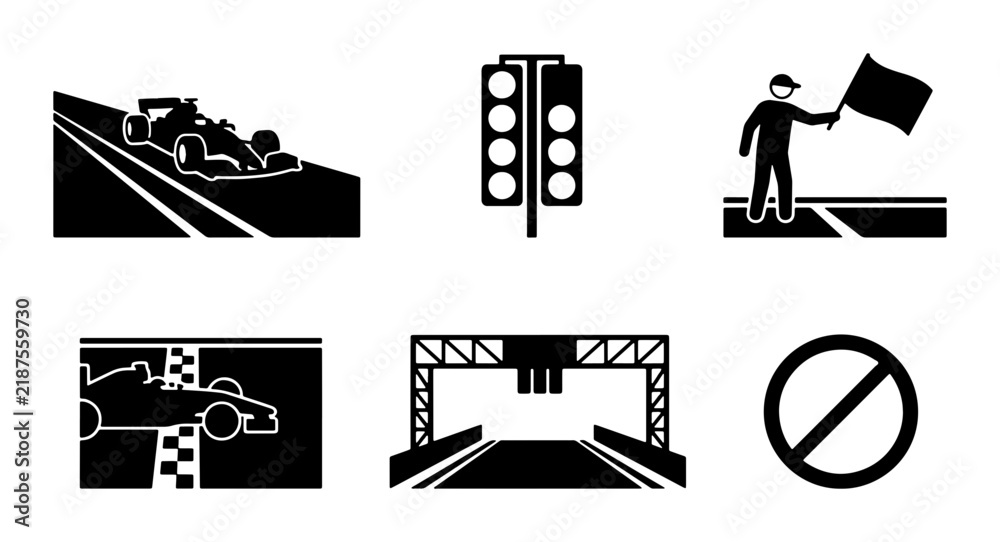Obraz premium Racing Icons Set: Cars, Finish Line, Traffic Lights, Flag, Stop Sign, Vector Graphics