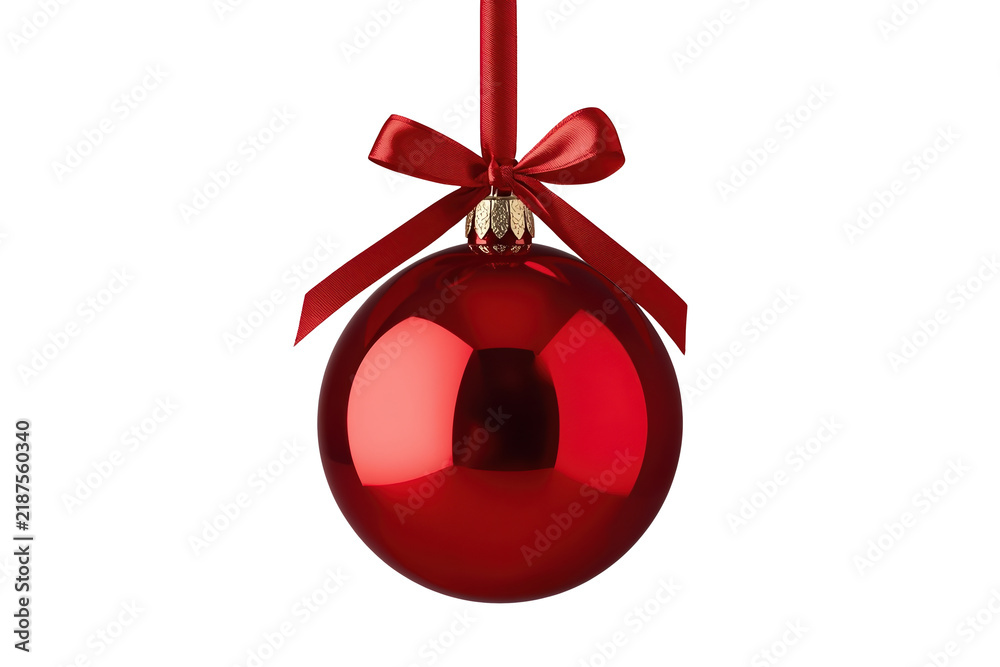 Obraz premium Glossy red hanging christmas ornament with bow