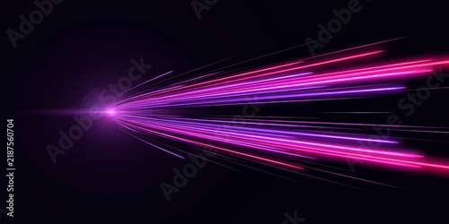 Fotografie Speeding light streaks in vibrant pink and purple hues, emanating from a bright focal point against a dark background, creating a dynamic sense of motion and energy