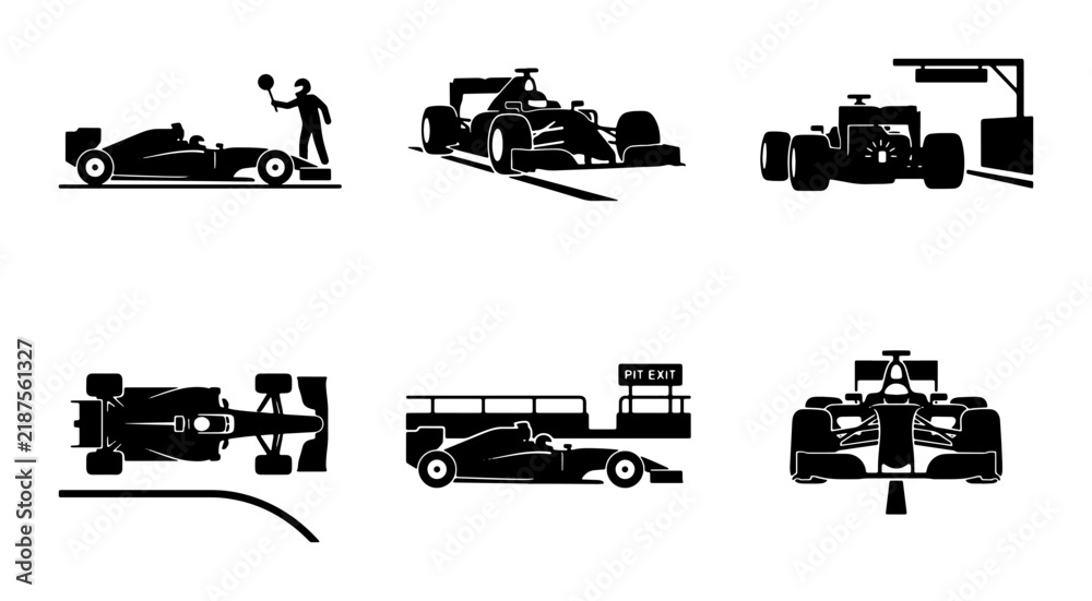 Obraz premium Formula 1 Racing Cars, Pit Stop, and Driver Icons Set: Speed, Competition, Motorsport Graphics