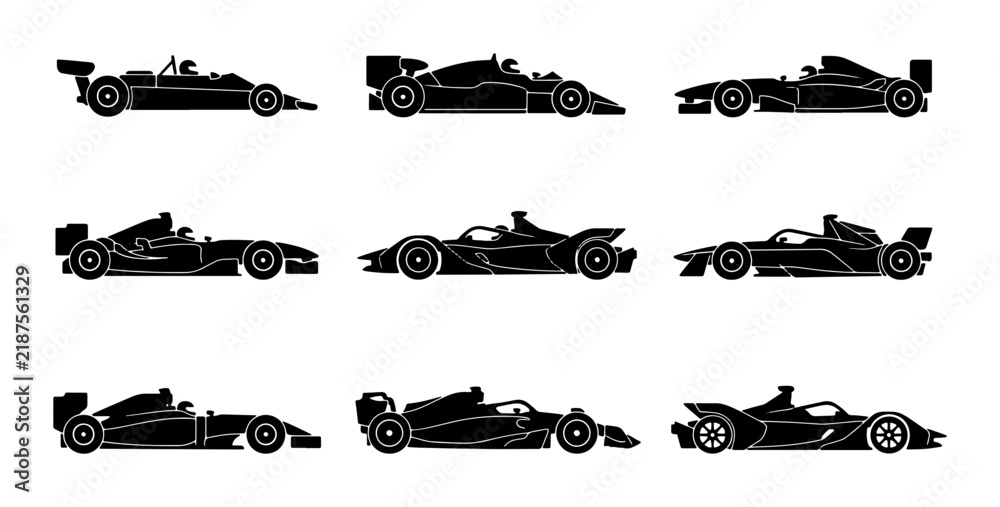 Obraz premium Formula 1 Race Cars, Speeding Vehicles, Motorsport Icons Set, Vector Graphics Collection