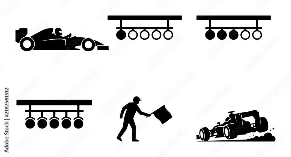 Obraz premium Formula 1 Racing Icons: Speeding Car, Start Lights, Race Marshal, Vector Set