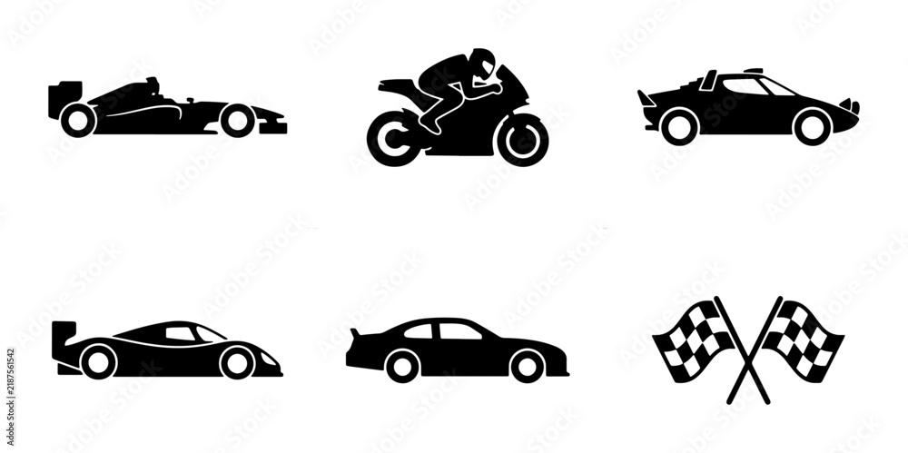 Obraz premium Racing Car Icons, Motorcycle Silhouette, Sports Vehicles, Checkered Flags Vector Set