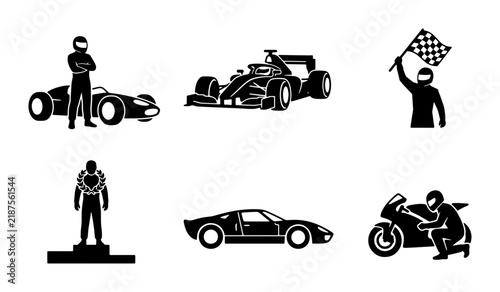 Racing Icons Set: Formula Car, Sports Car, Motorcycle, Champion, Flag, Vector Graphics