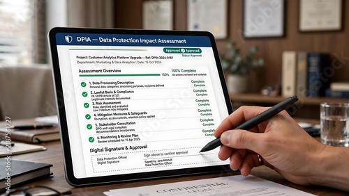 Data Protection Officer digitally signs and approves a Data Protection Impact Assessment (DPIA) on a tablet, ensuring data privacy compliance.