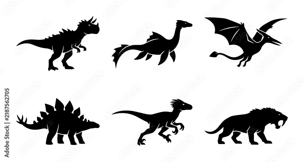 Obraz premium Dinosaur Silhouettes Collection: Prehistoric Creatures Vector Icons for Jurassic Themes