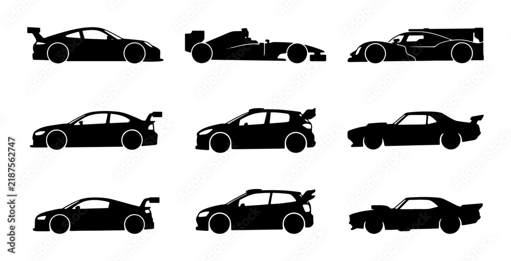 Obraz premium Diverse Sports Car Silhouettes, Racing Vehicle Icons, Automotive Vector Collection