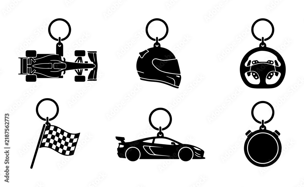 Obraz premium Racing Car Keychains, Formula 1, Sports Car, Helmet, Steering Wheel, Stopwatch, Checkered Flag